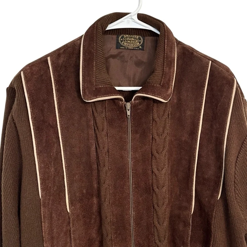 R.O.C Vintage Suede Leather Sweater Bomber Jacket Coat Brown Western XL
